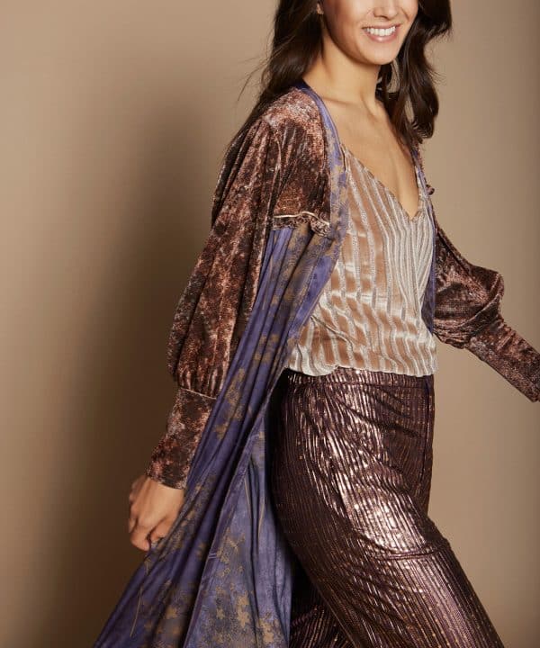 Caftan meisie bimateria lateral plisado malva M05KF24 PLU 7 e1695152029254