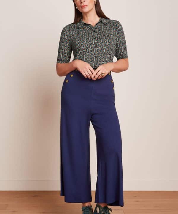 Pantalon Pia culotte King Louie Espana Milano Uni vintage retro azul botones 09818 489 MF e1739107520532