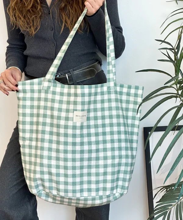 Bolsa grande tela shopping bag vichy verde agua marina de la mur BOSGVIC4..