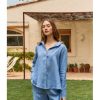 camisa silbido lino manga larga mus bombon azul