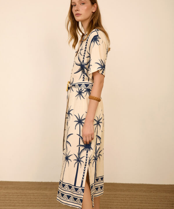 Vestido midi MEISÏE estampado de palmeras azul marino